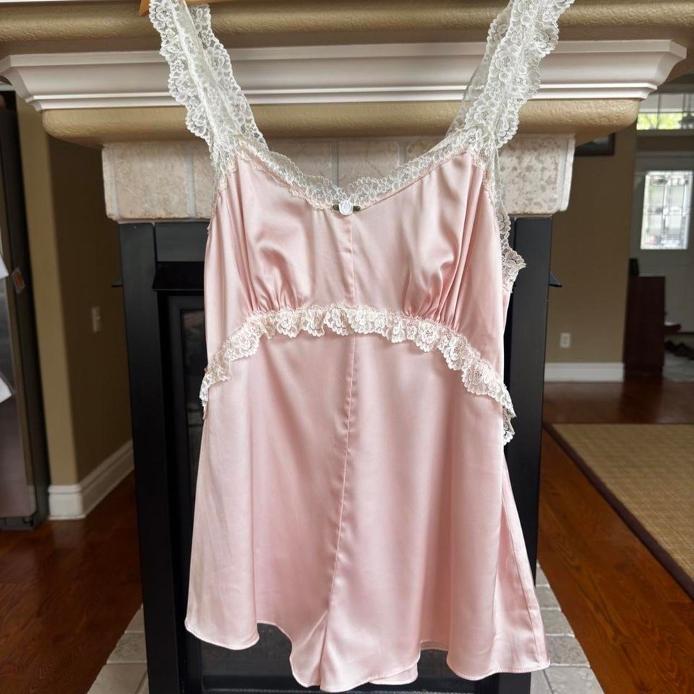 Revolve LPA blush satin romper white lace trim rosette detail romantic cottage M